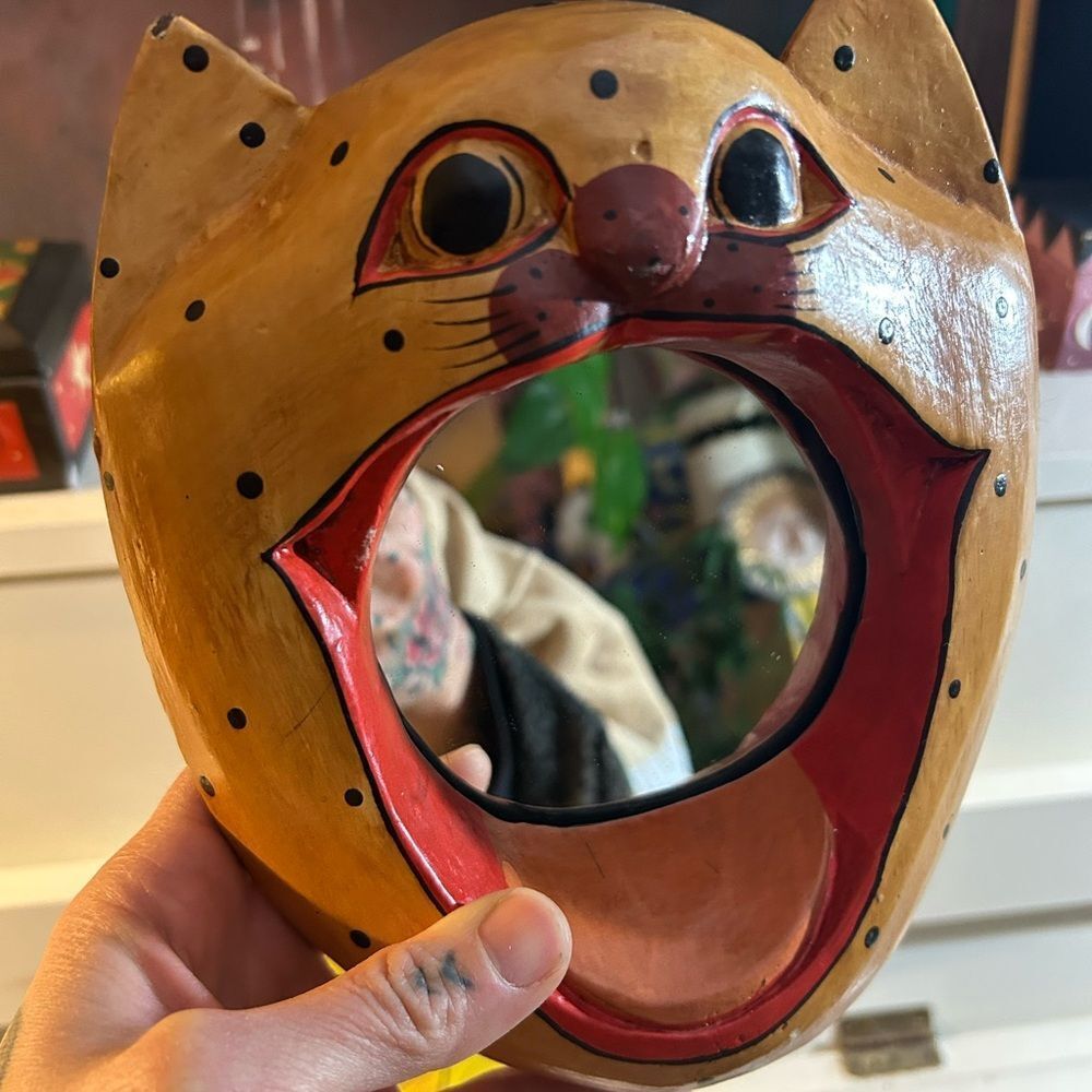 Vintage 90s Handcrafted Wooden Whismsygoth Cat Face Mirror Rare
